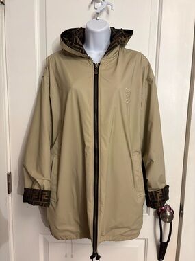 Fendi Unisex Reversible Nylon Zucca Jacquard Fabric Hooded Raincoat XL *AS IS*